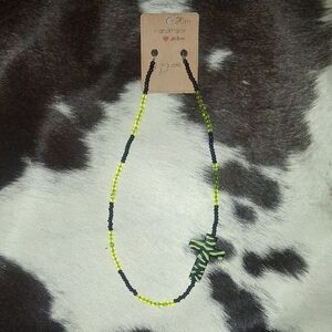 Handmade Black and Green Beaded Necklace with Cross
